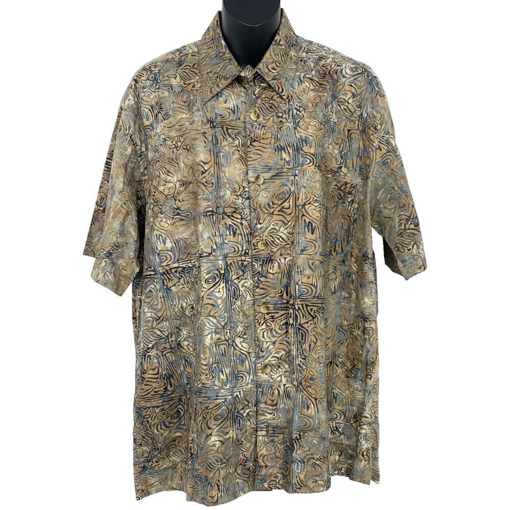 Fulton Street Hawaiian Men Medium Brown Button Short Sleeve Shirt Collar Aloha